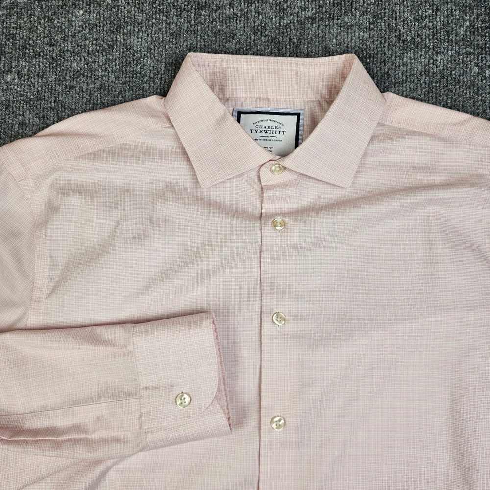Charles Tyrwhitt Non Iron Slim Fit Dress Shirt Men's 17 /37 Pink White Button Up
